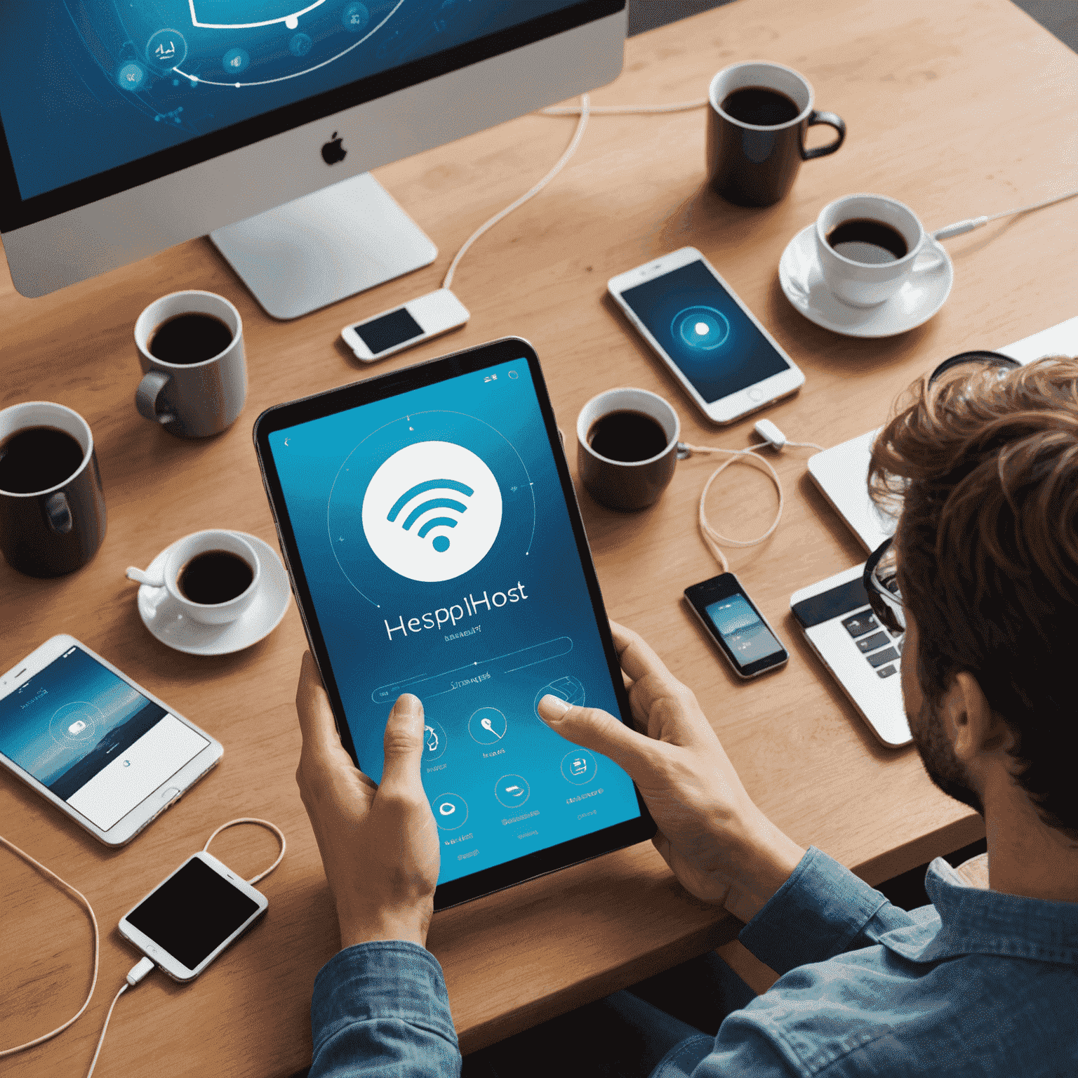 Person using a mobile hotspot device with various connected gadgets around