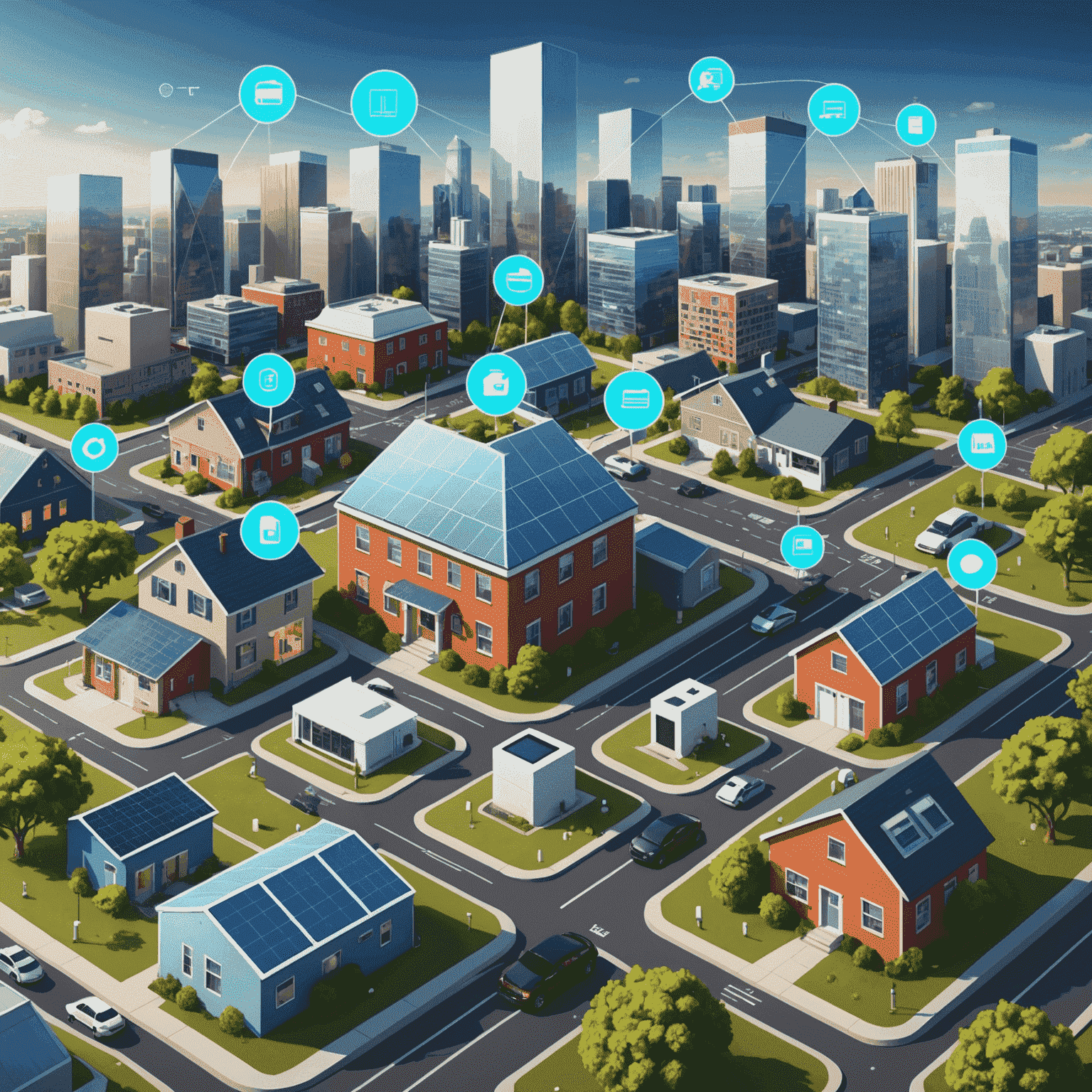 Illustration of various IoT devices connected in a network, including smartphones, smart homes, and city infrastructure